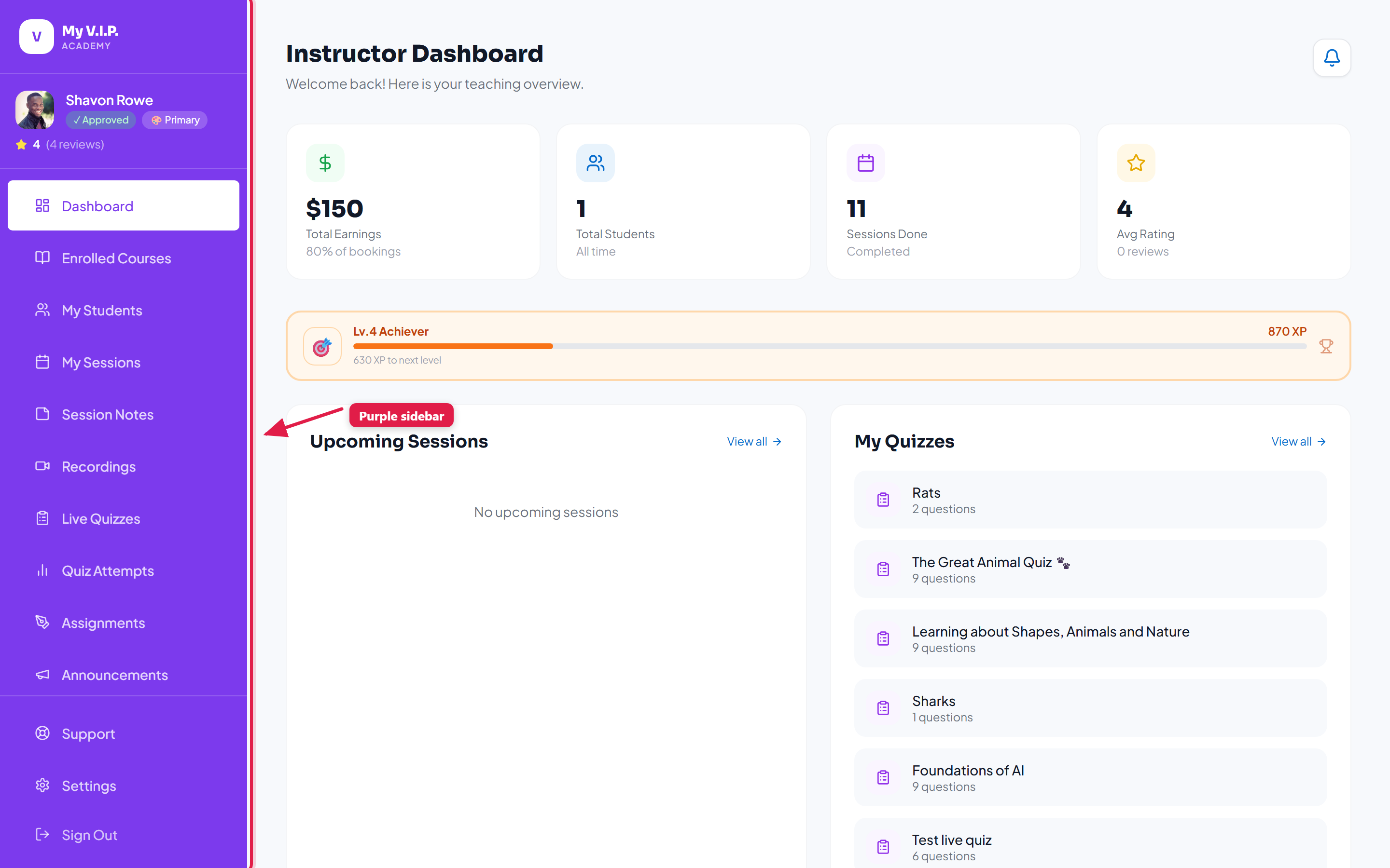 Elementary / Primary instructor dashboard with the purple sidebar