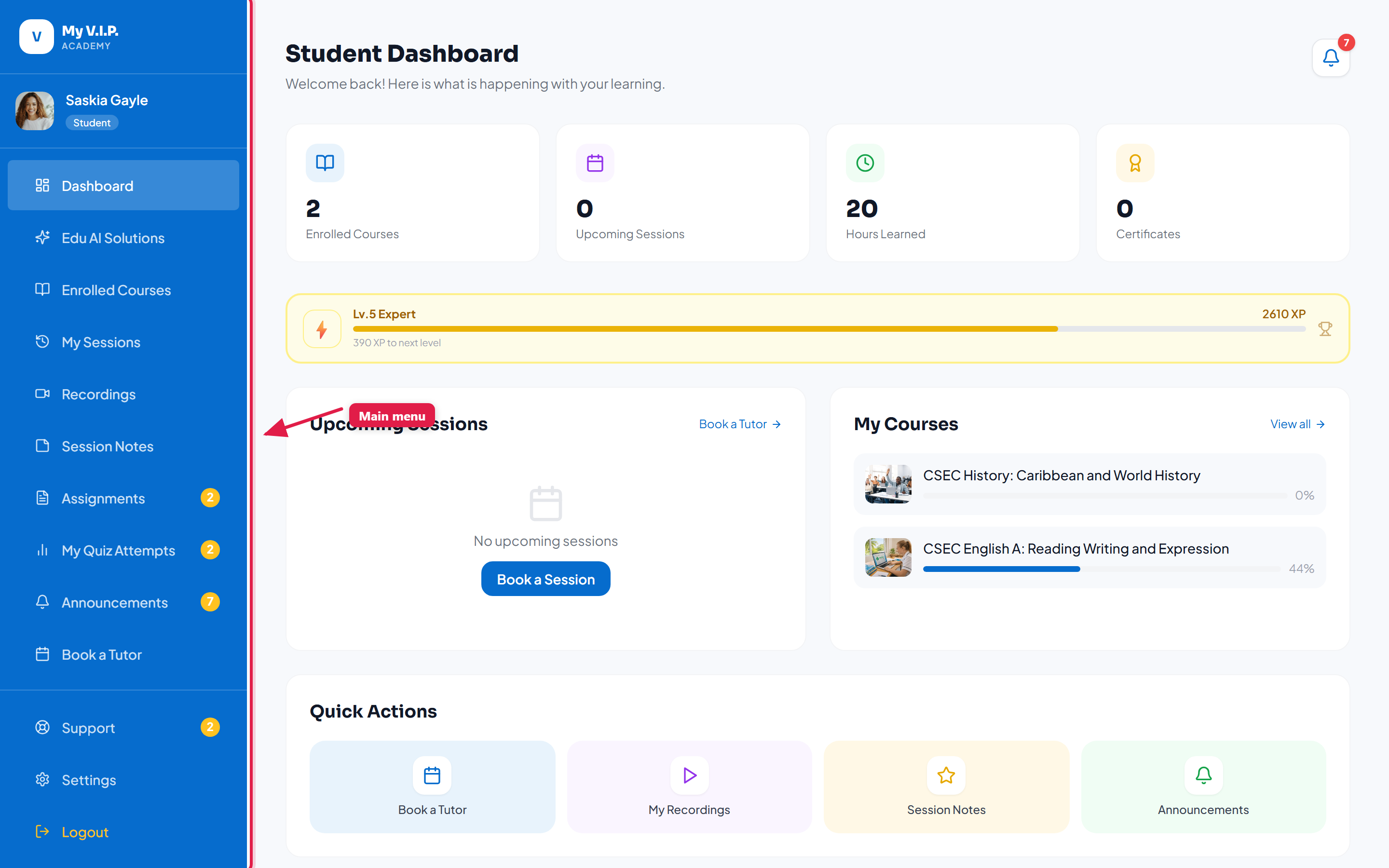 The dashboard sidebar with the main menu