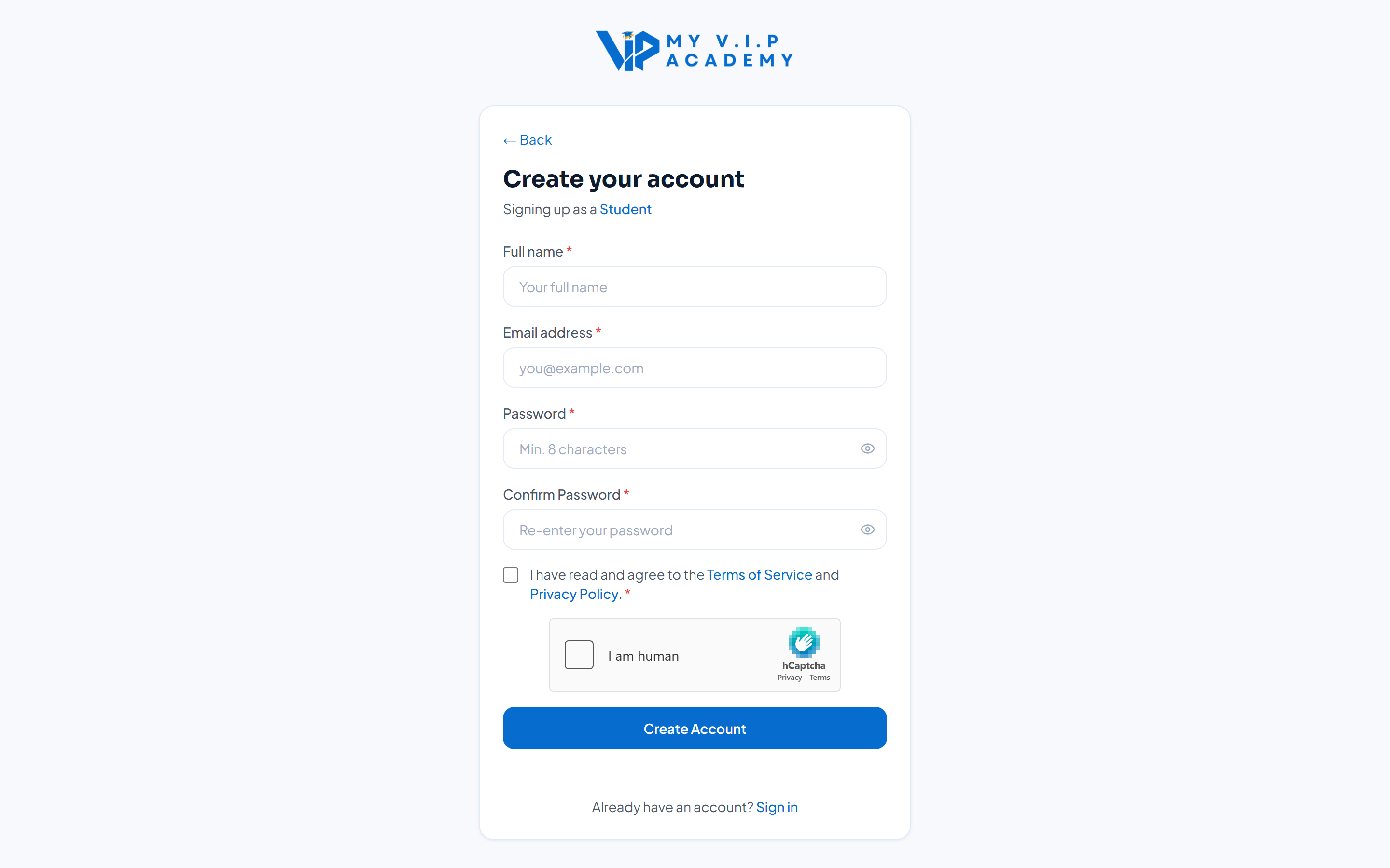 The My V.I.P. Academy sign-up page